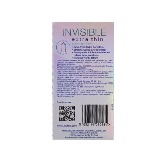 Hộp 10 cái BCS siêu mỏng, tăng cảm xúc Durex Invisible Extra Thin Extra Sensitive